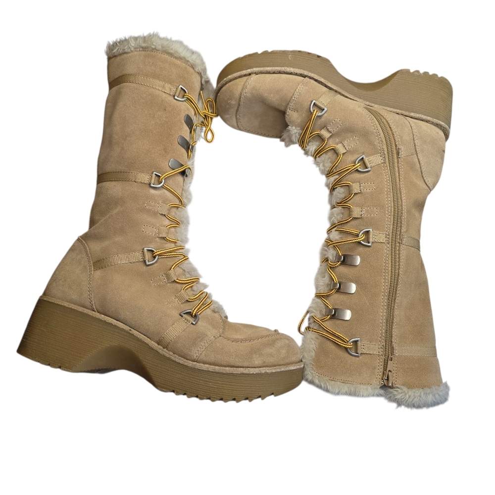 Report Icon Leather Tan Faux Fur Chunky Platform Lace Up Boots 7.5 - Picture 4 of 10